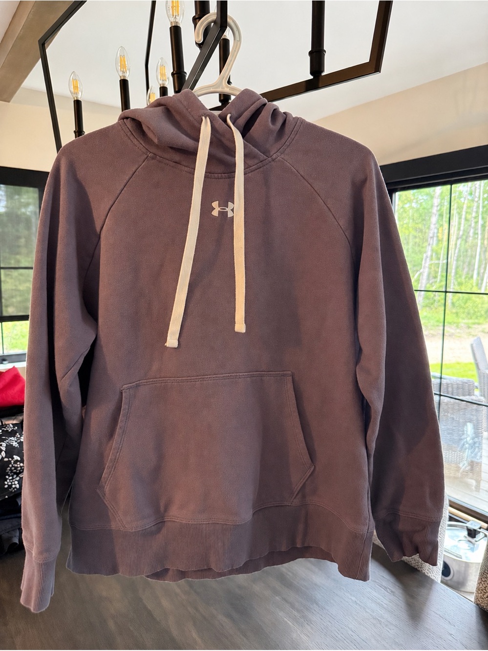 Under Armour womens Pullover Hoodie in Dusty Mauve with Cream Drawstrings